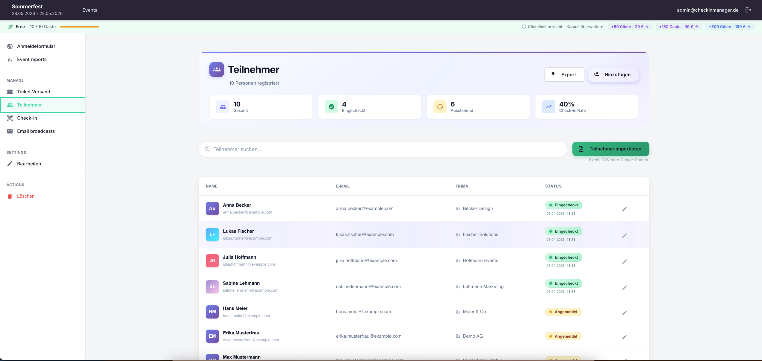 CheckinManager Teilnehmer-Verwaltung – Übersicht mit Statistiken, Suchfunktion und Gästeliste